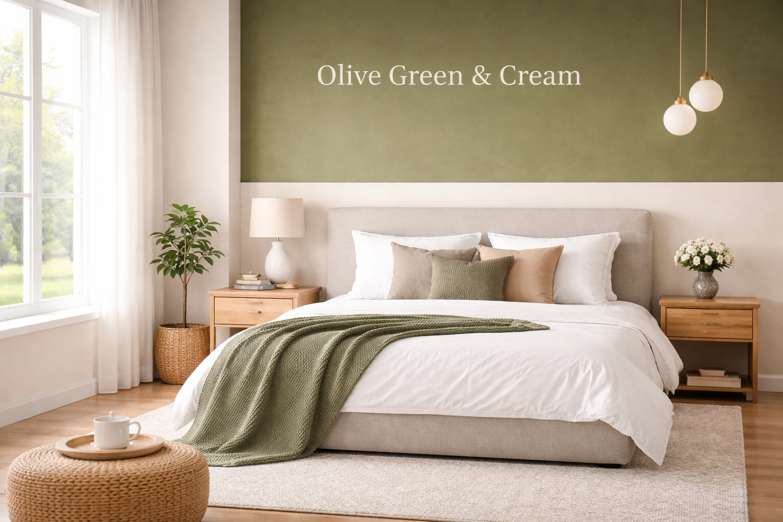 olive green & cream bedroom wall colour
