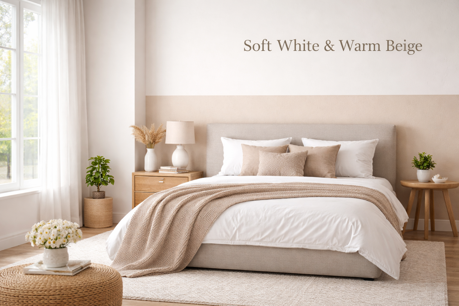 soft white & warm beige bedroom colour