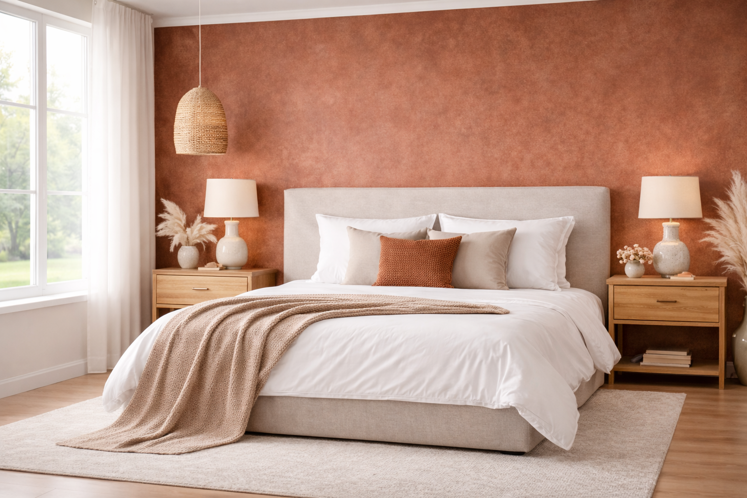 terracotta & beige bedroom colour
