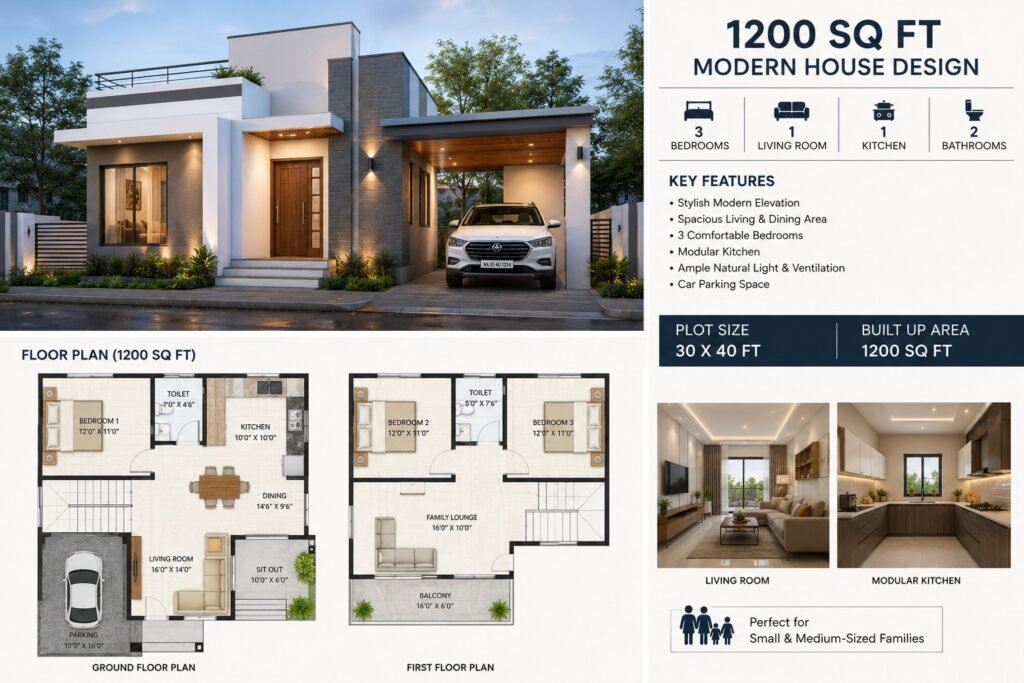 Modern 1200 Sq Ft House Design for Small and Medium-Sized Families